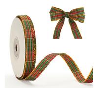 G2PLUS Red Green Gold Christmas Ribbon 10mm: 25 Yards Tartan Ribbons for Gift Wrapping, Plaid Gold Edge for Christmas Crafting, Bows Making