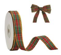 G2PLUS Red Green Gold Christmas Ribbon 15mm: 25 Yards Tartan Ribbons for Gift Wrapping, Plaid Gold Edge for Christmas Crafting, Bows Making