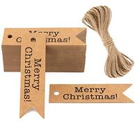 G2PLUS Small Merry Christmas Tags, 100 PCS Brwon Christmas Lables for Pesents, 2 x7 cm Xmas Gift Tags with String for Gift Wrapping Decoration