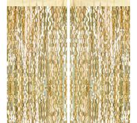 G2PLUS Wavy Glitter Champagne Gold Foil Curtains, 2PCS Metallic Tinsel Foil Fringe Curtains, 1m×2m Wave Tinsel Curtain Streamers, Party Backdrop Foil Curtain for Birthday Wedding Prom Decoration
