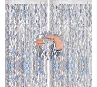G2PLUS Wavy Glitter Silver Foil Curtains, 2PCS Metallic Tinsel Foil Fringe Curtains, 1m×2m Party Backdrop Streamers, Wave Tinsel Curtain Backdrop for Birthday Wedding Prom Party Decoration