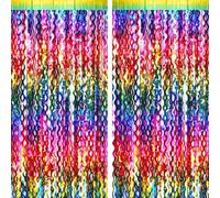 G2PLUS Wavy Rainbow Tinsel Curtains, 2PCS Metallic Foil Fringe Curtains, 1m×2m Colorful Party Backdrop Streamers, Wave Foil Curtain Backdrop for Birthday Wedding Prom Party Decoration