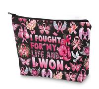 G2TUP Breast Cancer Survivor Cosmetic Makeup Bag Breast Cancer Fighter Gift I Fought For My Life And I Won Zipper Pouch Bag Pink Ribbon Merch, I Fought For My Life