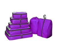 G4Free 3/6/7 Pieces Packing Cubes Organiser for Suitcase, Foldable Clothes Bag, Shoe Bag, Packing Cubes for Clothes, Luggage, Travel Set, Purple, (S+Slim+M+L+XL+Drawstring Bag+Shoes Bag)-7 Pieces