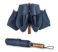 G4Free 54 Inch Inverted Windproof Umbrella with Wooden Handle, Large Automatic Golf Umbrella with Double Canopy, Folding Umbrella Compact for Car & Backpack, Navy Blue