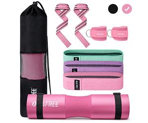 G4Free 9Pcs Barbell Pad Set for Squat, Hip Thrusts, Lunges, Leg day, Standard Olympic Bars with 2 Gym Ankle Safety Straps, 3 Hip Resistance Bands, 2 Lifting Strap, Barbell Pad, and Carry Bag (Pink)