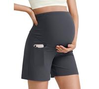 G4Free BareFeel Maternity Athletic Shorts with Pockets Over The Belly Workout Pants Lounge Summer Pregnancy Clothes(Dark Gray,XL,6")