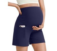 G4Free BareFeel Maternity Athletic Shorts with Pockets Over The Belly Workout Pants Lounge Summer Pregnancy Clothes(Royal Blue,L,6")