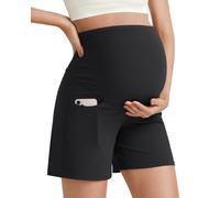 G4Free BareFeel Maternity Athletic Shorts with Pockets Over The Belly Workout Pants Lounge Summer Pregnancy Clothes(Black,L,6")
