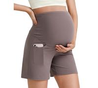 G4Free BareFeel Maternity Athletic Shorts with Pockets Over The Belly Workout Pants Lounge Summer Pregnancy Clothes(Taupe,XL,6")