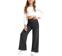 G4Free EverGoing Girls Wide Leg Trousers with Pockets High Waist Soft Stretchy Active Yoga Pants for Teens 9-10 Years(Black,M)