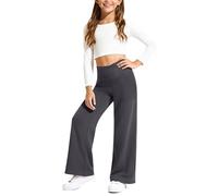 G4Free EverGoing Girls Wide Leg Trousers with Pockets High Waist Soft Stretchy Active Yoga Pants for Teens 9-10 Years(Dark Grey,M)