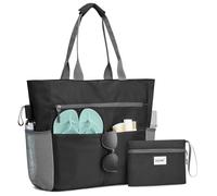 G4Free Large Beach Bag for Women Waterproof Sandproof Beach Tote Bag with Makeup Bag Zipper Pocket(Black)
