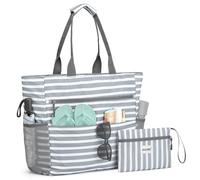 G4Free Large Beach Bag for Women Waterproof Sandproof Beach Tote Bag with Makeup Bag Zipper Pocket (Grey Stripe)