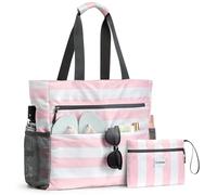 G4Free Large Beach Bag for Women Waterproof Sandproof Beach Tote Bag with Makeup Bag Zipper Pocket(Pink Stripe)