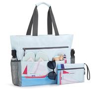 G4Free Large Beach Bag for Women Waterproof Sandproof Beach Tote Bag with Makeup Bag Zipper Pocket(Sailboat Pattern)