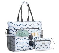 G4Free Large Beach Bag for Women Waterproof Sandproof Beach Tote Bag with Makeup Bag Zipper Pocket(Wavy Stripes)