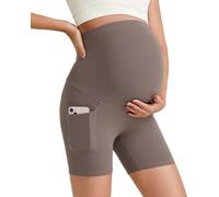 G4Free Maternity Biker Shorts Over The Belly Casual Pregnancy Yoga Shorts with Pockets Stretchy Workout Short Pants(Taupe,S,5")