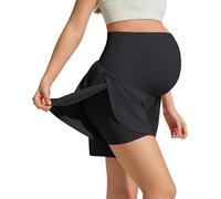 G4Free Maternity Shorts 2 in 1 Running Shorts Women Yoga Casual Athletic Pregnancy Skort Summer Over Bump with Pocket Built-in Brief Liner(Black,XL,4.5")