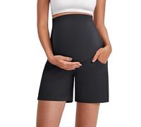 G4Free Maternity Yoga Shorts with Pockets Athletic Stretchy Pregnancy Clothes Over The Belly Summer Biker Active(Black,XXL,6")