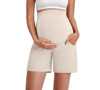 G4Free Maternity Yoga Shorts with Pockets Athletic Stretchy Pregnancy Clothes Over The Belly Summer Biker Active(Light Khaki,M,6")