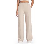G4Free Wide Leg Trousers for Women UK with Pockets High Waist Stretchy Loose Business Trousers Elegant Casual Dress Pants Petite Khaki,L