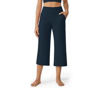 G4Free Womens' Yoga Capri Pants Wide Leg High Waist Summer Cropped Trousers with Pockets Work Casual(Dark Navy,S,Regular)
