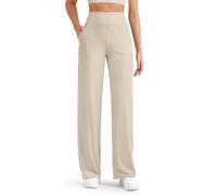 G4Free Womens Yoga Pants with Pockets High Waist Ribbed Wide Leg Trousers Lightweight Casual Stretch Trousers Tall(Light Khaki, L)