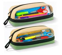 G4GADGET 2 Pack Pencil Case Large Capacity with Compartments | Clear Window & Mesh Pocket Pencil Pouch | Aesthetic Beige Green School Pencil Case for Boys Girls Teenagers Adults