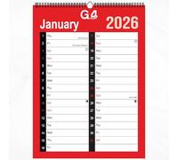G4GADGET 2026 A4 Month to View Wall Calendar - 2 Column Spiral Bound Planner with UK Holidays | Red & White Hanging Monthly Organiser for Home, Office, School & Business