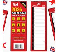 G4GADGET 2026 Slim Wall Calendar - Spiral Bound Hanging Planner & Monthly Organiser | Red & White Vertical Design | UK Holidays, Notable Dates & Forward Planner 2027 | Ideal for Home, Office & School