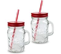 G4GADGET 2X Red Mason Jars with Handles (500ml Each) - Premium Glass Cups with Lids & Reusable Straws - Ideal for Smoothies, Juices, Iced Coffee & Cold Beverages