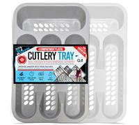 G4GADGET 4 Compartment Cutlery Drawer Organiser 2 Pack - Grey & White Plastic Utensil Tray for Knives, Forks, Spoons & Kitchen Tools - Durable Drawer Divider for Kitchen Storage & Organisation
