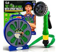G4GADGET 50ft / 15m Flat Garden Hose Reel with 7 Function Spray Nozzle - Compact Easy Wind Flat Hose Pipe with Stand & Handle, Space Saving Water Hose for Garden Watering, Patio Cleaning & Car Wash