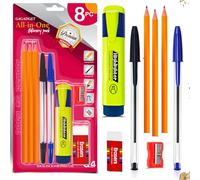 G4GADGET All-in-One Stationery Pencil Set for Kids, Students & Office - 8PC Pack with 3 Wooden Pencils, 2 Ballpoint Pens, Highlighter, Eraser & Sharpener for School, Drawing, Sketching & Daily Writing