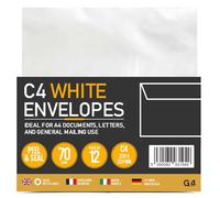G4GADGET C4 White Envelopes Peel & Seal 12 Pack - Large Self Seal Mailing Envelopes, 70gsm Document Envelopes for A4 Papers, Home, Office & School Use