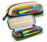 G4GADGET Pencil Case Large Capacity with Compartments | Clear Window & Mesh Pocket | Beige Green Aesthetic School Pencil Pouch for Boys Girls Teenagers Adults