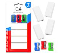 G4GADGET Pencil Sharpener and Rubber Set, 4 White Pencil Erasers and 3 Manual Pencil Sharpeners, Compact Eraser and Sharpener Pack for Kids, Students, School, Office, Classroom, Drawing and Home Use