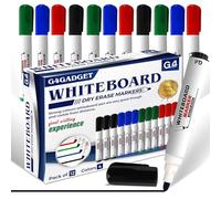 G4GADGET Whiteboard Markers Bullet Tip 12 Pack - Dry Erase Pens for Whiteboard, 4 Assorted Colours (Black, Blue, Green, Red) - Dry Wipe Pens for School, Office & Classroom Use