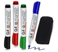 G4GADGET Whiteboard Pens 4 Pack with Eraser - Dry Wipe Marker Pens Black Blue Red Green | Bullet Tip White Board Markers Erasable, Low Odour, Non-Permanent for School, Office & Home