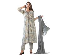 G4Girl Aliya-Cut Kurti Pant With Dupatta For Women's (Grey), Grey, 4XL