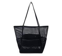 G4ZS5Z0G1 Mesh Beach Tote Bags for Womens, Causal Pool Bags for Swimming Pools Vacations Beach Essentials(Black-more Pocket)