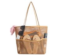 G4ZS5Z0G1 Mesh Beach Tote Bags for Womens, Causal Pool Bags for Swimming Pools Vacations Beach Essentials(Khaki-more Pocket)