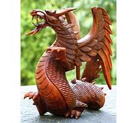 G6 Collection Hand Carved Wooden Dragon Statue, Winged Dragon Figurine Sculpture for Shelf, Mantel or Office, Mythical Creature Home Décor (8.5" Tall)