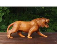 G6 Collection Hand Carved Wooden Tiger Figurine - Roaring Jungle Cat Sculpture, Wildlife Decor, Natural Wood Accent, Great Gift for Animal Lovers, Safari Theme (Brown, Mini - 8" Long)