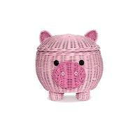 G6 COLLECTION Pig Rattan Storage Basket With Lid Decorative Bin Home Decor Hand Woven Shelf Organizer Cute Handmade Handcrafted Nursery Gift Animal Decoration Artwork Wicker Pink Piggy (Large)