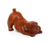 G6 Collection Wooden Hand Carved Crouching English Bulldog Statue Figurine Sculpture Art Decorative Rustic Home Decor Accent Handmade Handcrafted Wood Decoration Gift Dog Artwork,