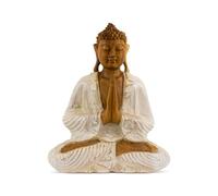 G6 Collection Wooden Serene Sitting Buddha Statue Handmade Meditating Sculpture Figurine Home Decor Accent Wood Hand Carved Modern Contemporary Oriental Buddha Anjali Mudra (12" Tall - Whitewashed)