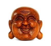 G6 Collection Wooden Wall Mask Laughing Smiling Happy Buddha Head Statue Hand Carved Stand Alone Sculpture Handmade Figurine Home Decor Handcrafted Art Wall Hanging Happy Buddha Mask