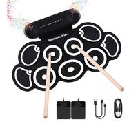G7 Electronic Drum Set, 9-Pad Drum Kit with Built-in Speakers, 7 Drum Sounds, Bluetooth & AUX, Roll-up Drum Pad with Foot Pedals, Rechargeable Battery, 10-Hour Playtime (black and white)